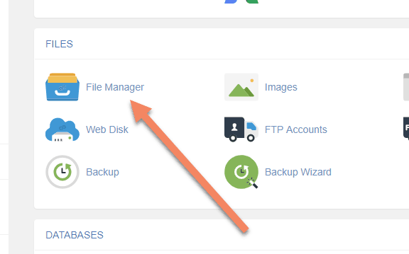 screenshot of cPanel with an arrow pointing to File Manager