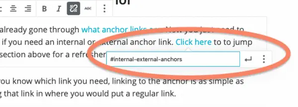 screenshot of creating an anchor link in Gutenberg