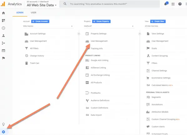 Google Analytics screenshot showing User Management