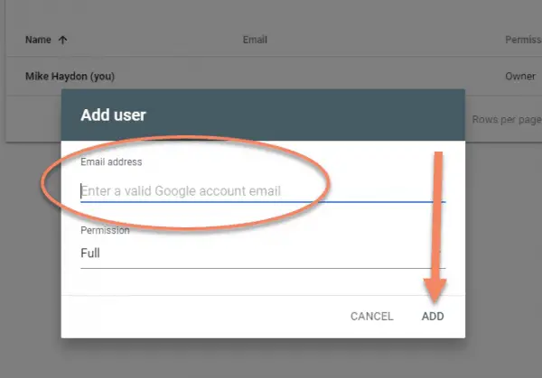Google Search Console screenshot showing where to enter email address