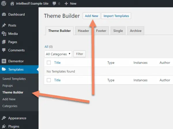 WordPress dashboard showing Elementor theme builder