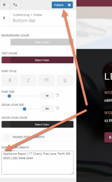 Divi Theme Customizer showing changing footer credits text and clicking publish