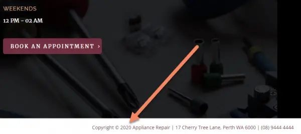 Arrow pointing to 2020 showing current date in footer