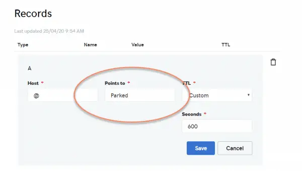 GoDaddy Records with parked circled