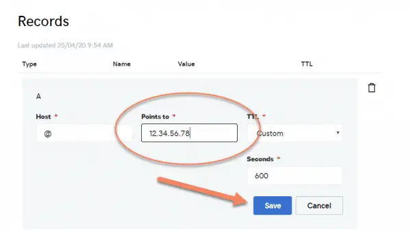 GoDaddy Records section with Points to IP address circled and arrow pointing at Save