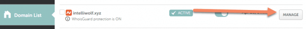 Namecheap domain list for domain with arrow pointing at Manage button