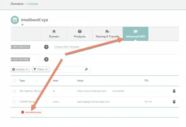 Namecheap domain section with advanced tab open and arrows pointing at advanced DNS tab and Add New Record button