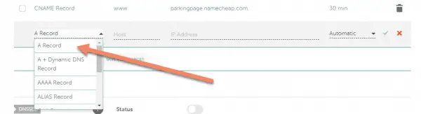 Namecheap Record type dropdown open with arrow pointing at A Record