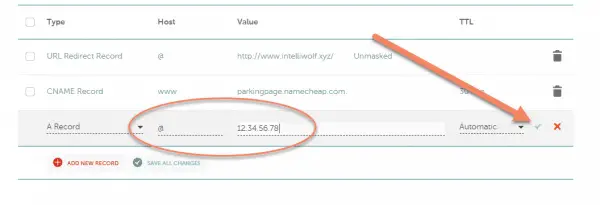 Namecheap DNS editor with circled @ host and 12.34.56.78 IP address fields. Arrow pointing to confirmation checkmark