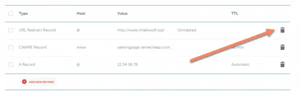 Namecheap advanced DNS with arrow pointing to delete trash icon for URL Redirect Record