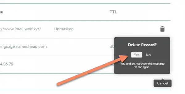 Namecheap advanced DNS with arrow pointing to Yes button on Delete Record confirmation