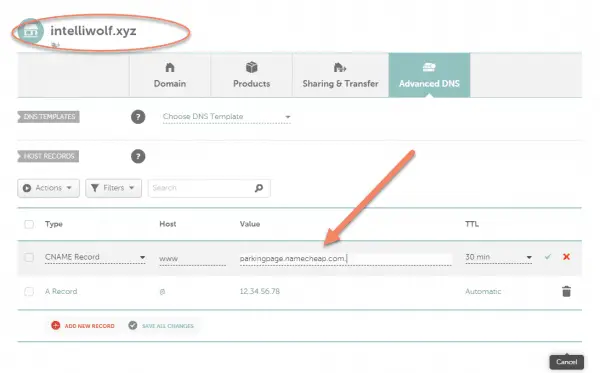 Namecheap advanced DNS with domain circled and arrow pointing to parkingpage.namecheap.com value