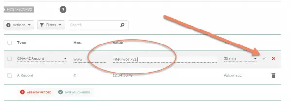 Namecheap advanced DNS with the domain in the value field for www CNAME record and arrow pointing to confirmation checkmark