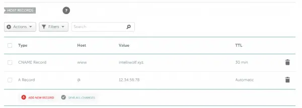 Namecheap advanced DNS showing a CNAME record for www to the domain and an A Record for @ with the IP address as the value