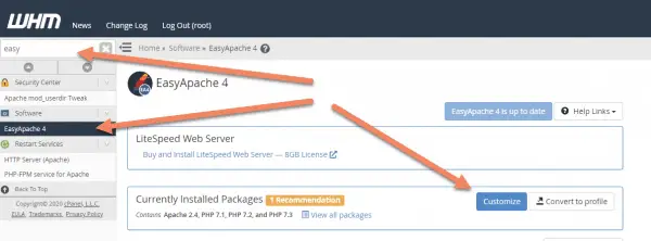 WHM back end EasyApache 4 tab with arrows pointing to the searched term 'easy', to EasyApache 4 in the sidebar and to Customize next to the currently installed packages