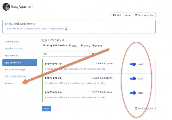 WHM back end EasyApache tab with the php-zip packages toggled and an arrow pointing to Review