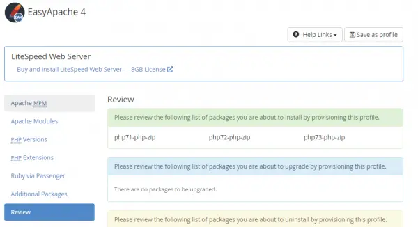 WHM back end EasyApache tab showing three php-zip packages ready to be installed