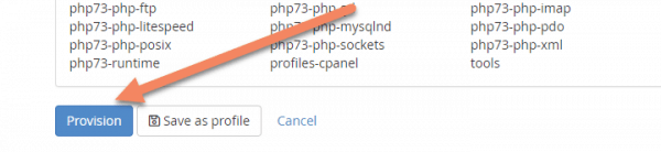 WHM back end EasyApache tab with arrow pointing at Provision button