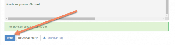 Message saying Provision process finished. Arrow pointing to Done button