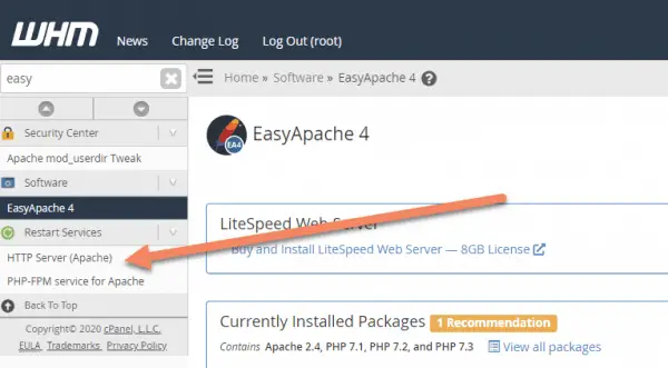 WHM back end EasyApache tab arrow pointing to restart http server (Apache)
