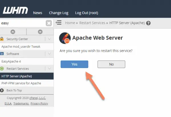 WHM back end Apache Web Server tab with arrow pointing to Yes to the question are you sure you wish to restart this service