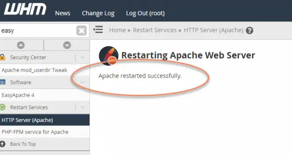 WHM back end Apache Web Server tab with circled message Apache restarted successfully