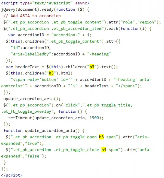 Accordion accessibility jQuery code copied from the top of the article, with h3 locations highlighted
