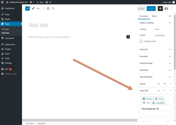 WordPress editor with an arrow pointing to Yoast SEO meta box in the sidebar