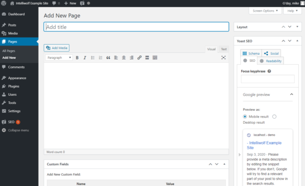 WordPress add new page screen with the Classic Editor activated