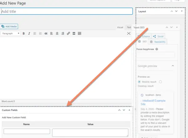 WordPress add new page screen, classic editor version with an arrow indicating dragging the Yoast SEO meta box from the sidebar to below the content editing area