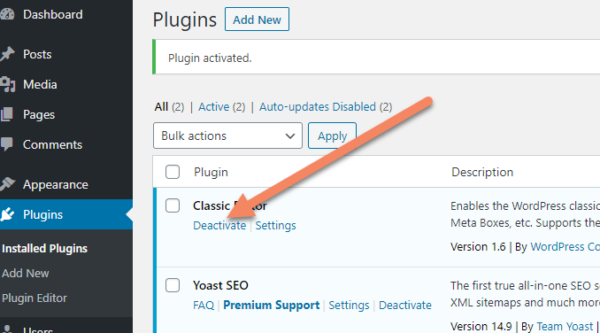 WordPress installed plugins area with an arrow pointing to deactivate under the Classic Editor plugin