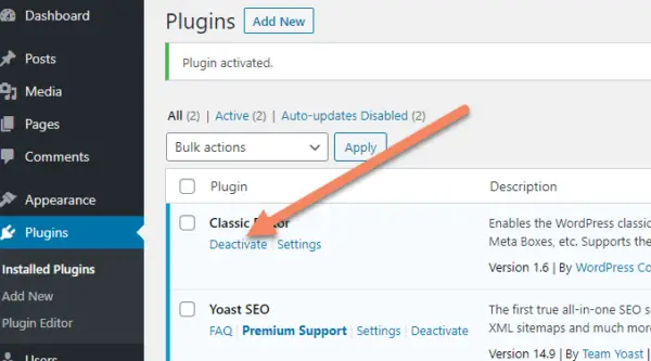 WordPress installed plugins area with an arrow pointing to deactivate under the Classic Editor plugin