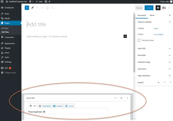 WordPress add new page screen, Gutenberg version with the Yoast SEO meta box circled under the content editing area