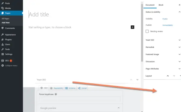 WordPress add new page, Gutenberg version with an arrow indicating dragging the Yoast SEO meta box from below the content into the sidebar