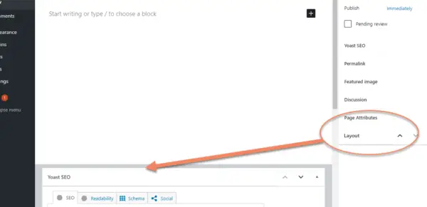 WordPress add new page, Gutenberg version with an arrow indicating moving the Layout meta box from the sidebar to below the content, above the Yoast SEO meta box