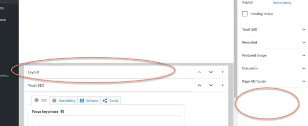 WordPress add new page, Gutenberg version with the Layout meta box below the content editing area circled and the empty space at the bottom of the sidebar also circled
