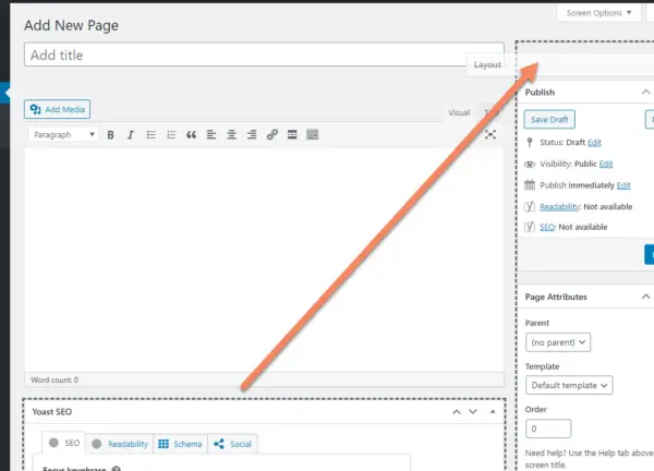 WordPress add new page, classic version showing the Layout meta box being dragged from below the content editor into the top of the sidebar