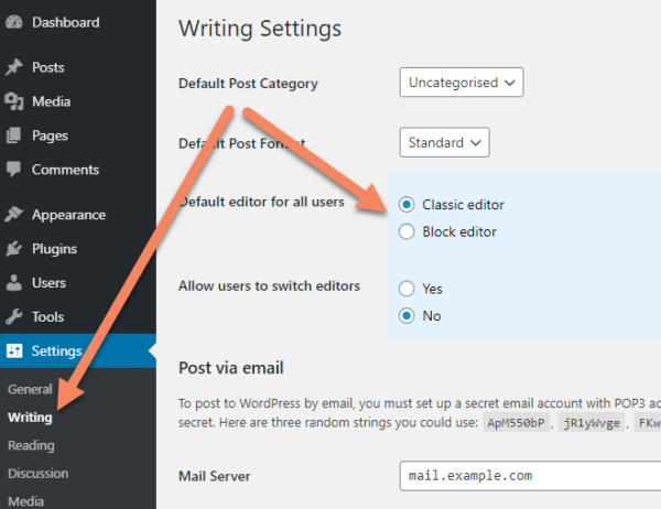 WordPress admin area, Writing Settings screen with arrows pointing to Writing under Settings in the sidebar and to the Classic editor radio button next to the label Default editor for all users