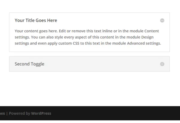 two Divi toggles on the front end of WordPress, with the first toggle open and the second closed