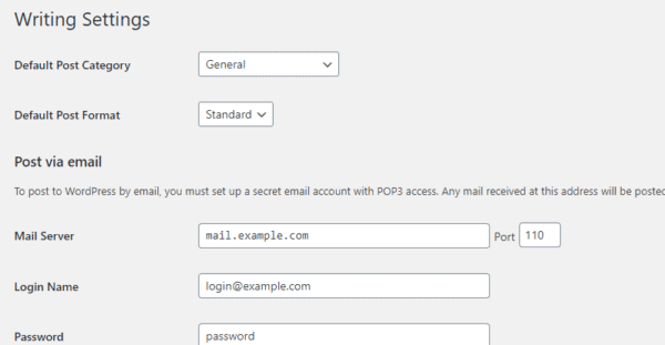 Default WordPress Writing Section showing default post category General, default post format Standard and instructions on how to post via email