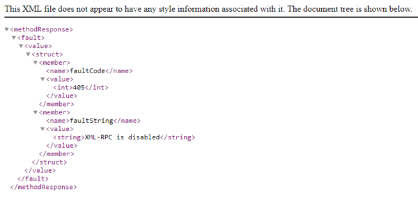 XML code showing faultCode 405 and faultString XML-RPC is disabled