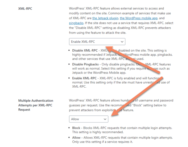 iThemes security with lots of text. The important parts are the XML-RPC section has the select box set to Enable XML-RPC and the Multiple Authentication Attempts per XML-RPC Request section has the select box set to Allow.