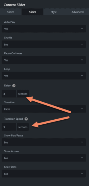 Screenshot of Beaver Builder Content Slider module on the Slider tab with arrows pointing to the inputs for Delay and Transition Speed, with both showing 3 seconds