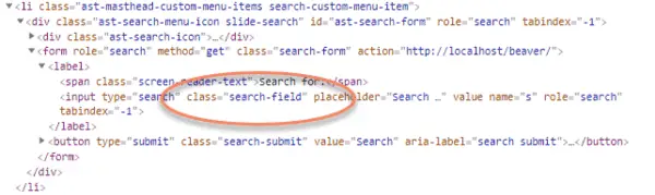 Code for Astra search form with class equals search field circled