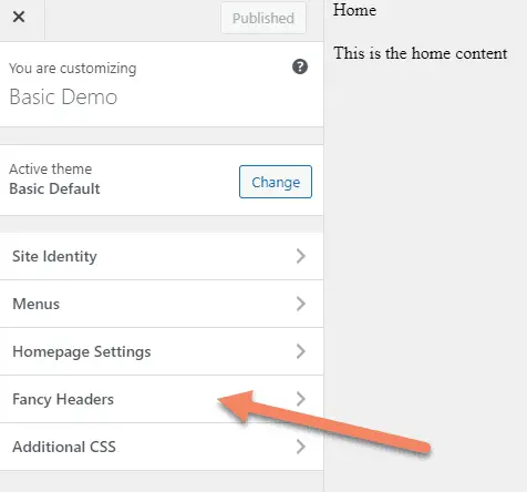 WordPress Theme Customizer with new section Fancy Headers