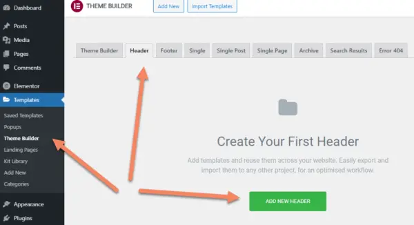 Elementor theme builder screen with arrows pointing at Theme Builder, Header tab and Add New Header button