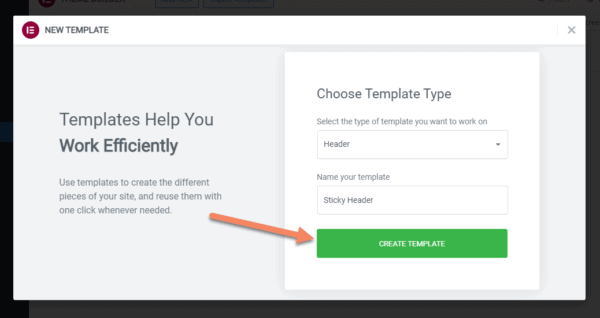 Elementor choose template type screen with arrow pointing to Create Template