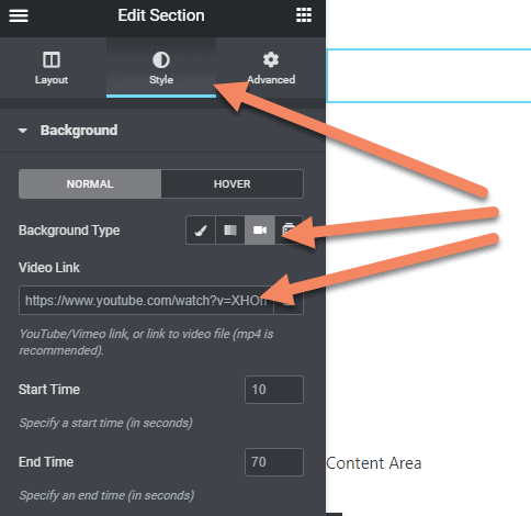 Elementor Edit Section with arrows pointing at Style tab, video background type and video link input