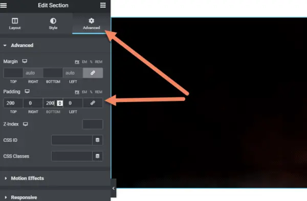 Elementor Edit Section with arrows pointing to Advanced tab and padding, showing 200 padding top and bottom
