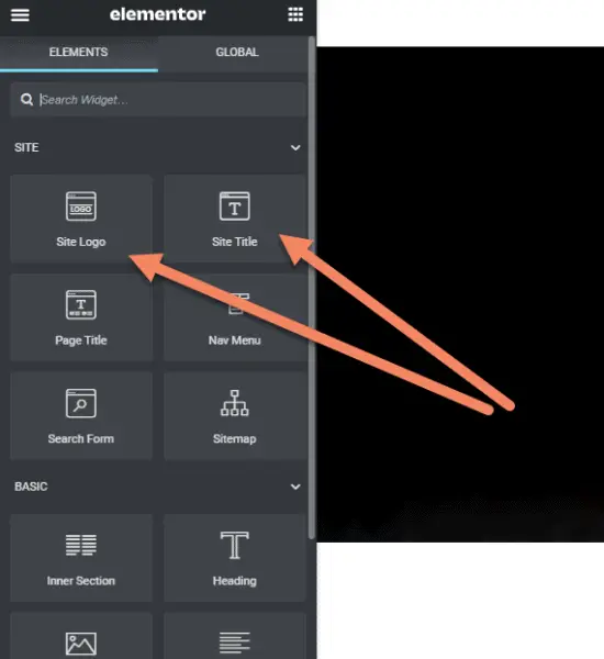 Arrows pointing to Elementor Site Logo element and Site Title element